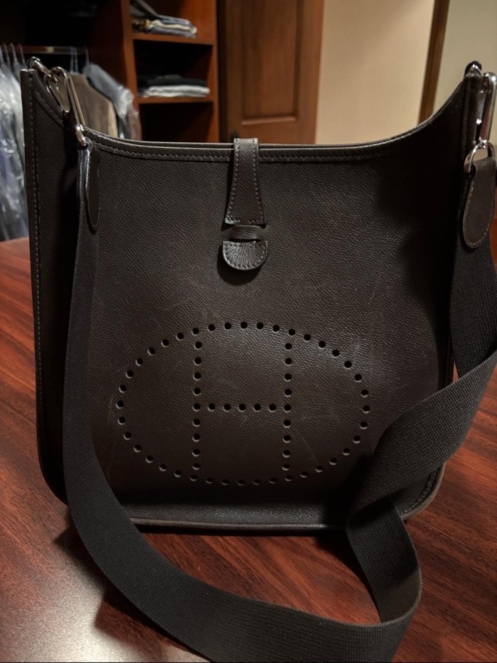 Hermes Dark Brown Crossbody Bag with Perforated H